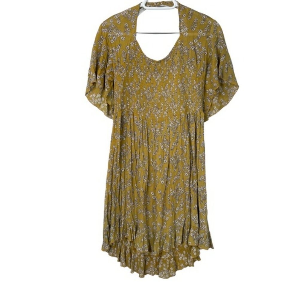 Patrons of Peace Yellow Midi Dress Bloomcore Floral Flutter Sleeve Gypsy Size L